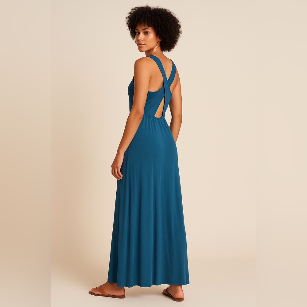 Wulfka Herja Crossback Maxi Dress Teal Blue L | Made in Chicago NWT